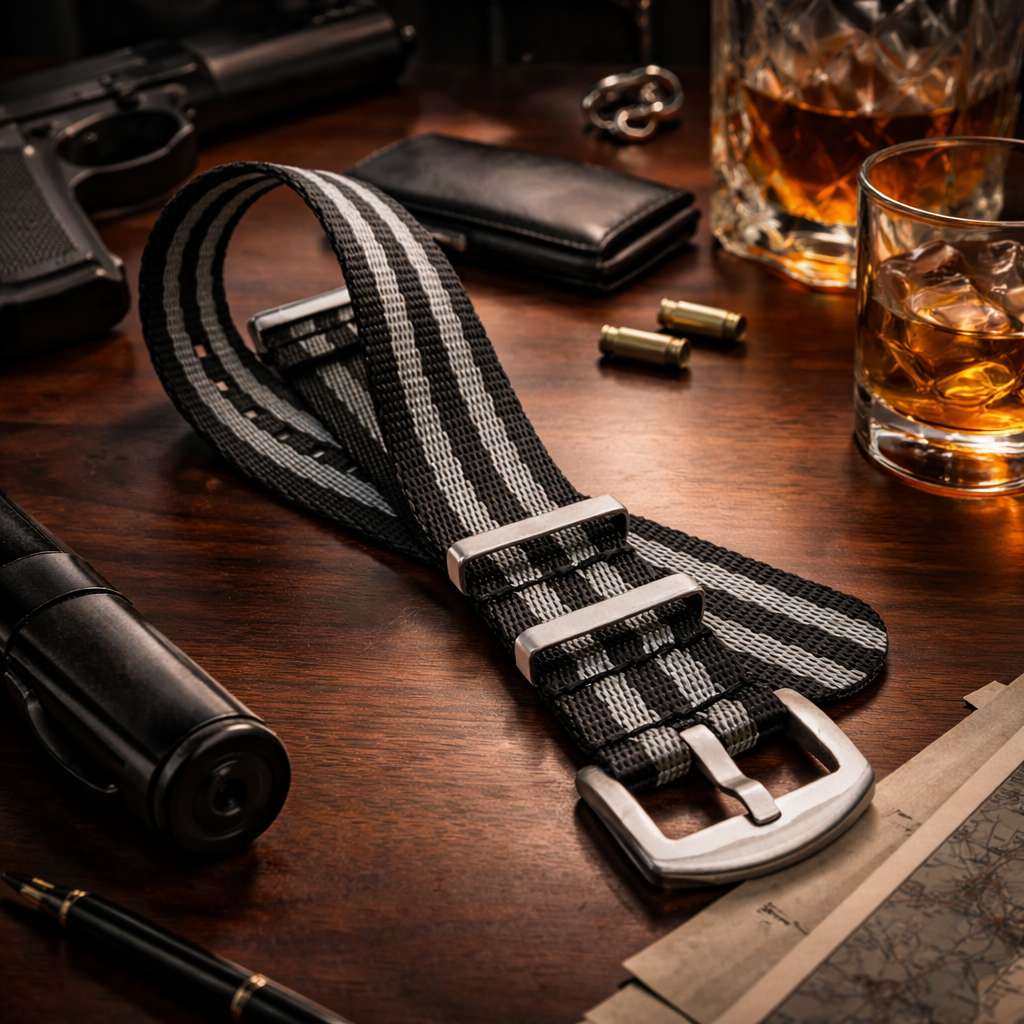 XXL 32cm Bracelet NATO Nylon Gris/Noir James Bond 007 - Boucle Satinée – Homme