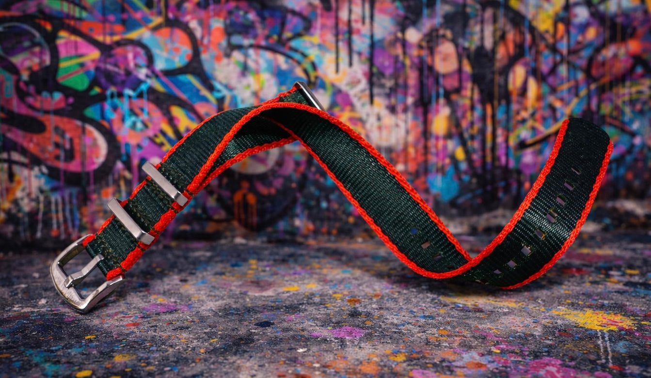 NATO-Uhrenarmband für Herren aus Nylon, Grün/Rot-Orange – Satinschließe
