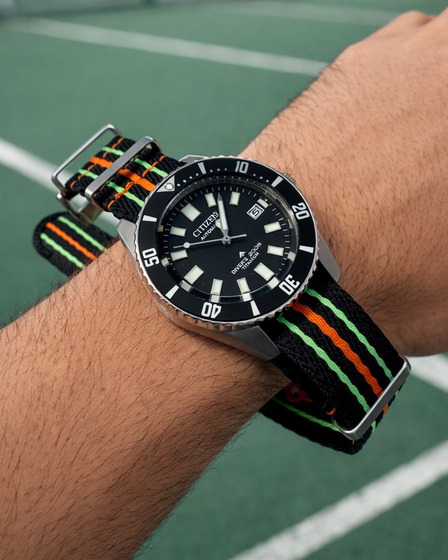 Bracelet de Montre Nato Noir Orange Vert Fluo - Nylon tressé 20mm 22mm