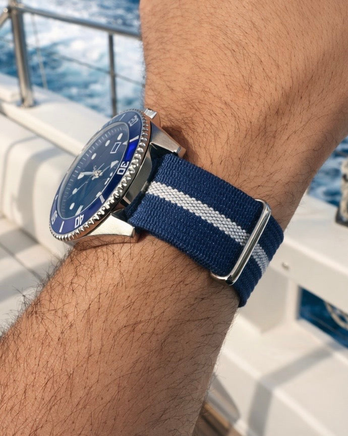 Nato Bleu Marine Blanc - Hybride Tissu Nylon / Silicone