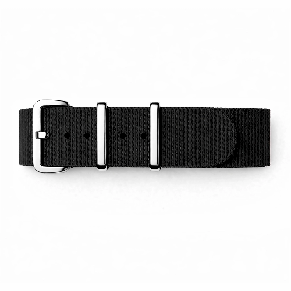 Schwarzes NATO-Uhrenarmband / polierte silberfarbene Spiegelschließe