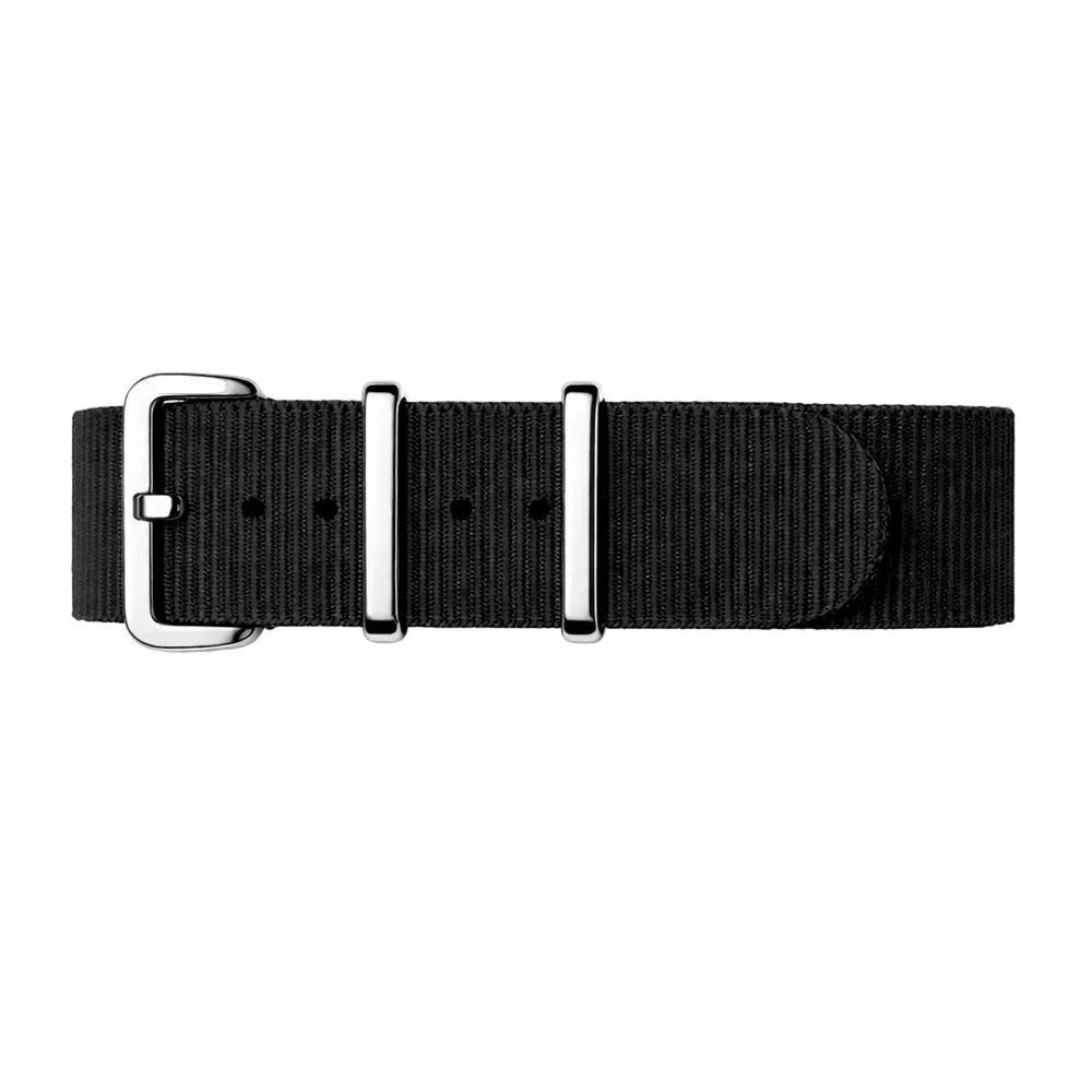 Bracelet de Montre NATO Noir / Boucle Argent Poli Miroir