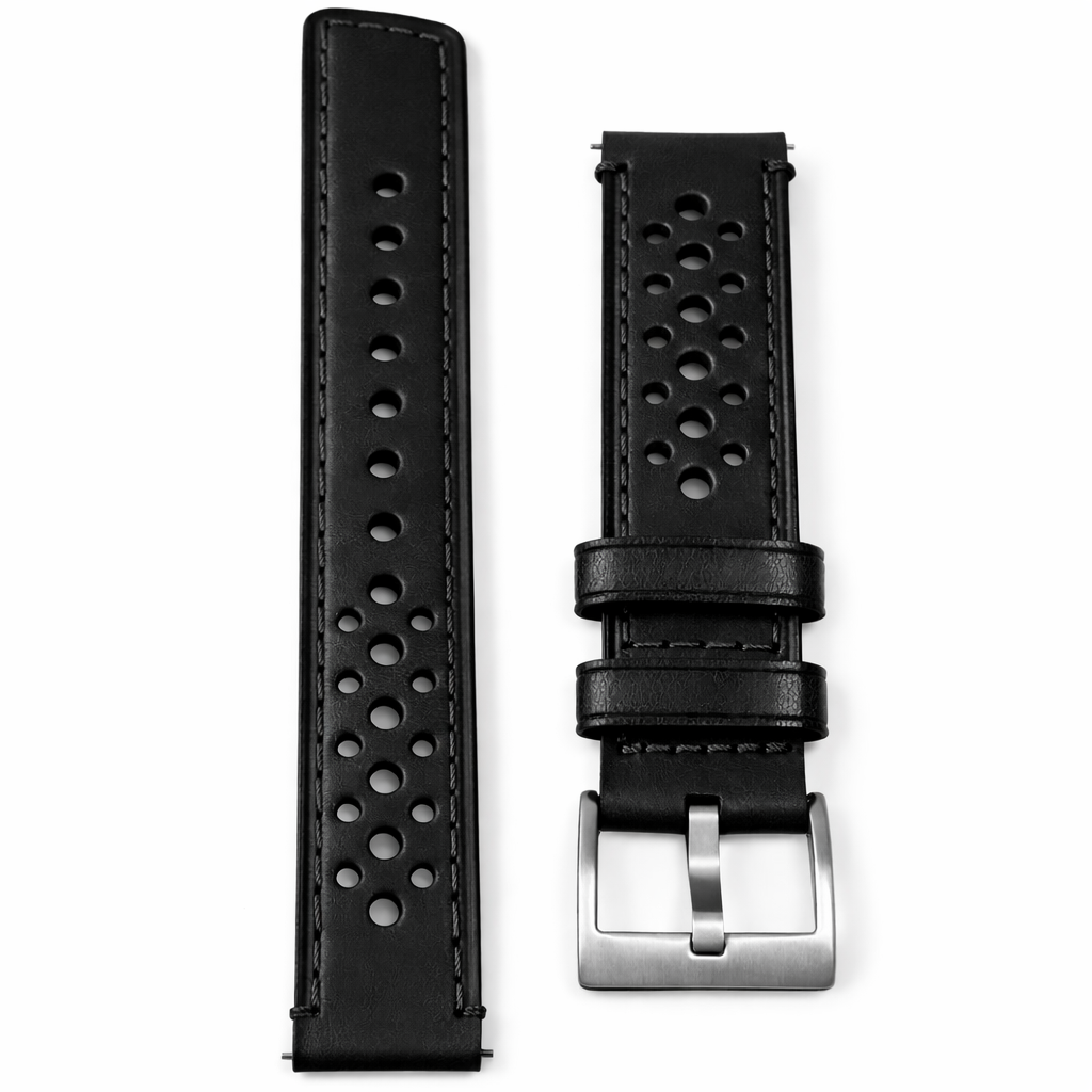 Bracelet Montre Rallye perforé en Cuir Noir - Rapide - Universel