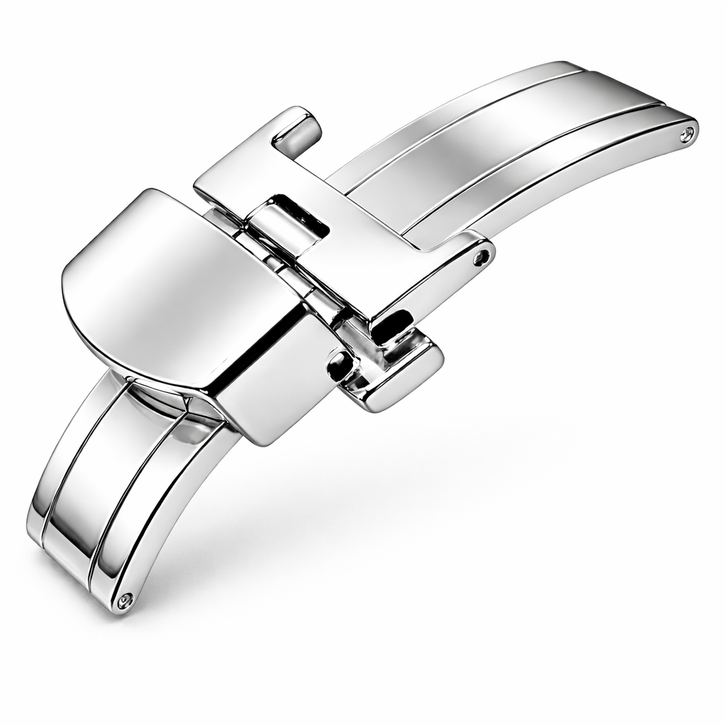Watch Strap Deployant Clasp - Butterfly Clasp Narrow Buttons - Mirror Polished Silver - 1 Pc