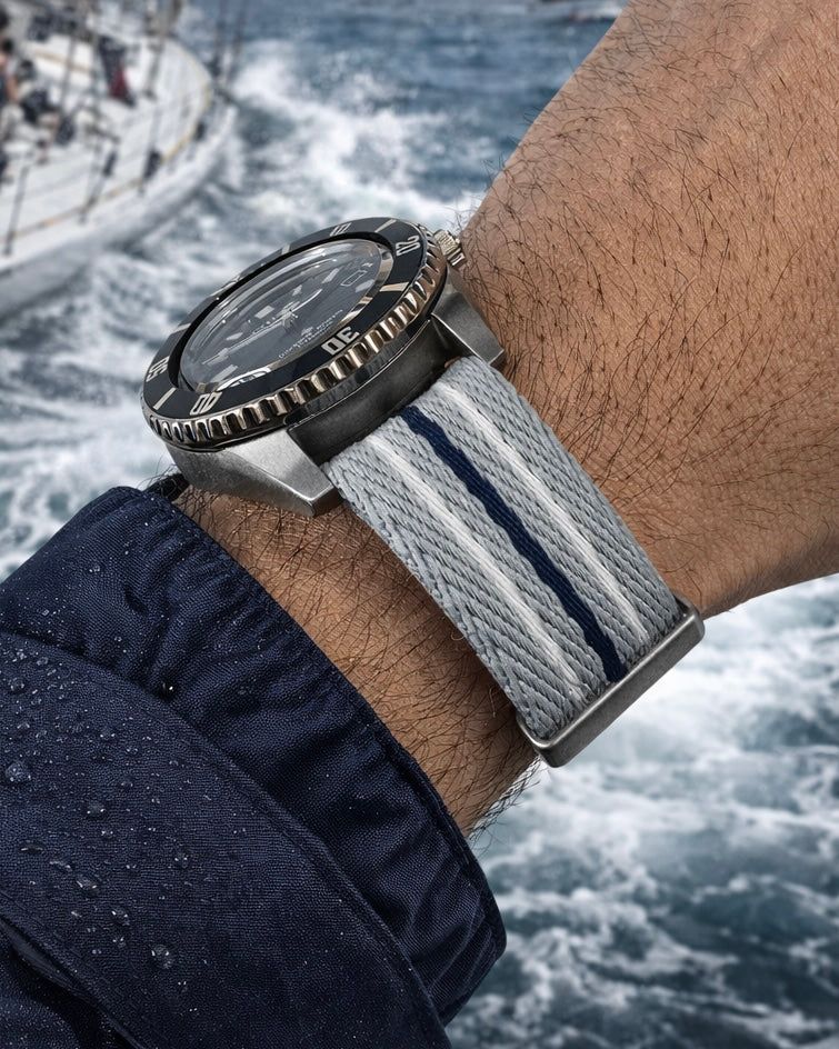 Bracelet de Montre Nato Gris Bleu Marine Blanc - Nylon tressé 20mm 22mm