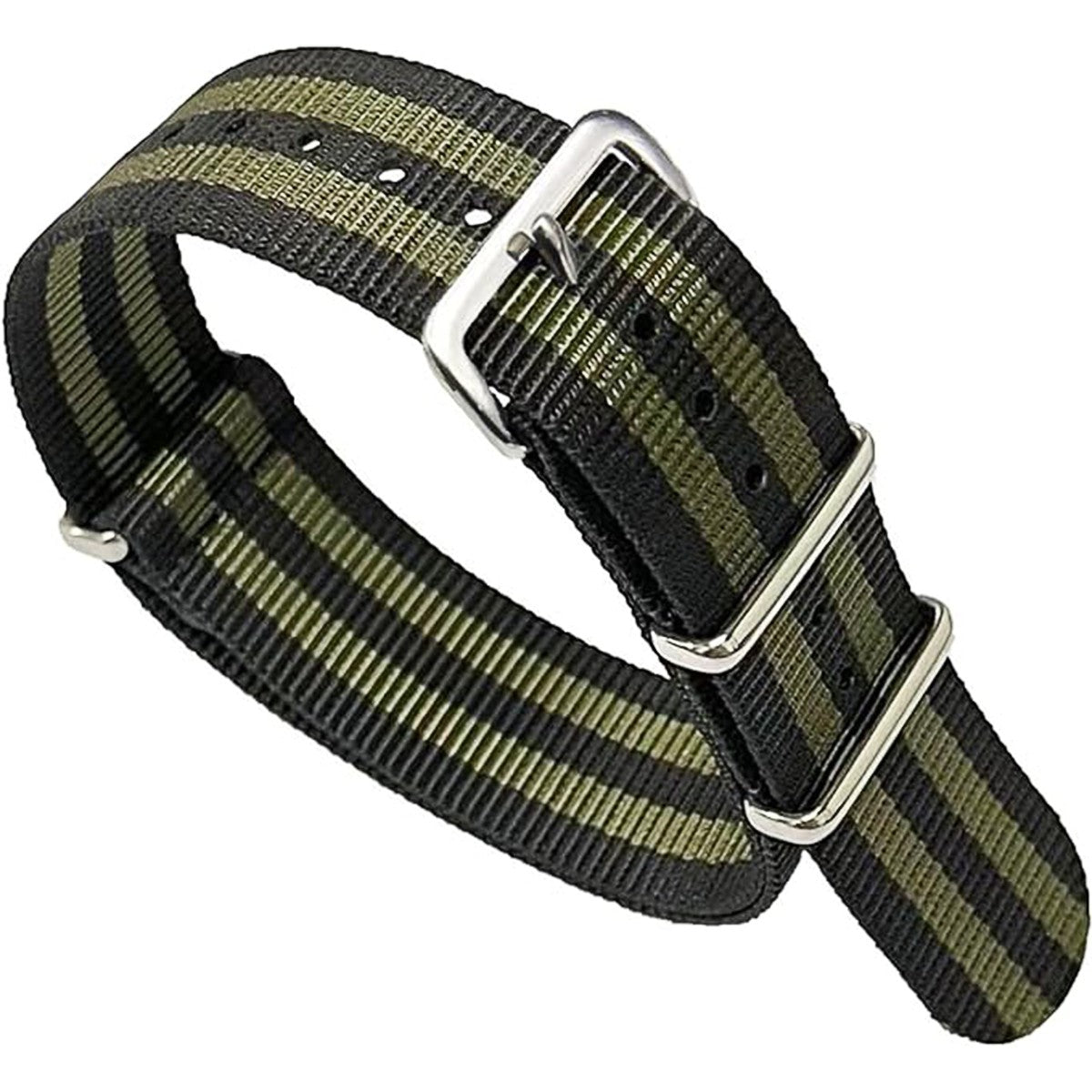 Bracelet de montre Nato Noir Vert - 2 Bandes Vertes Khaki