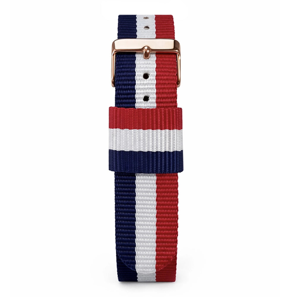 Bracelet de Montre NATO Nylon Bleu-Blanc-Rouge - Cambridge - Boucle Doré Or Rose