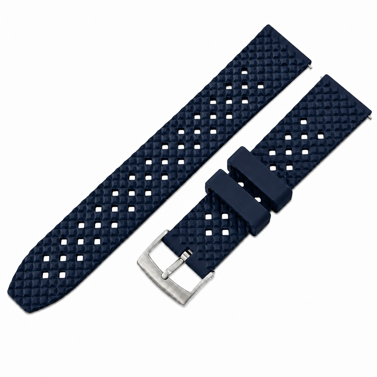 Bracelet de montre bleu nuit en caoutchouc FKM Tropical Croco Grid avec boucle en acier inoxydable et pompe à dégagement rapide.