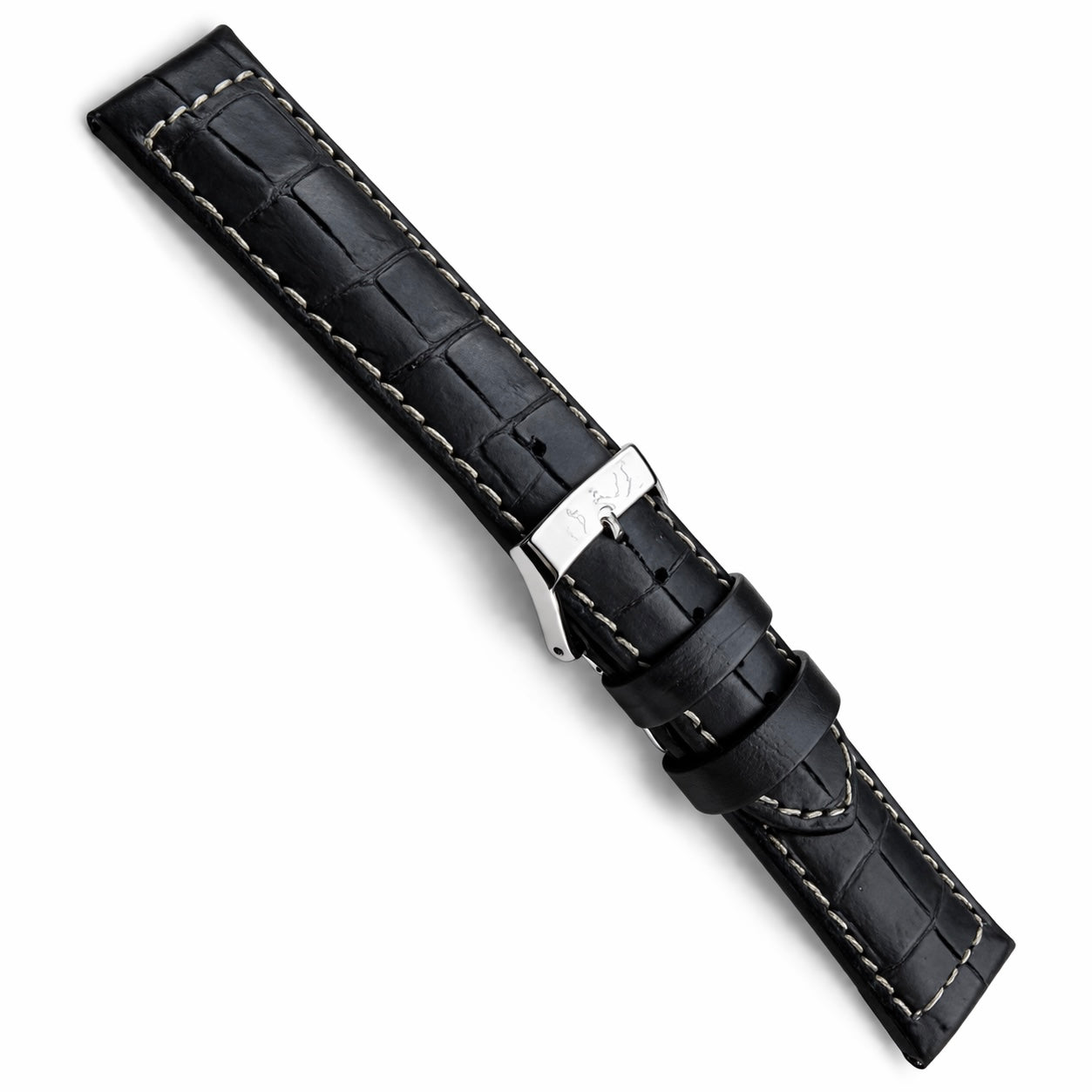 Black Leather Watch Strap - Alligator Grain - 5.0mm Thickness - Topstitching