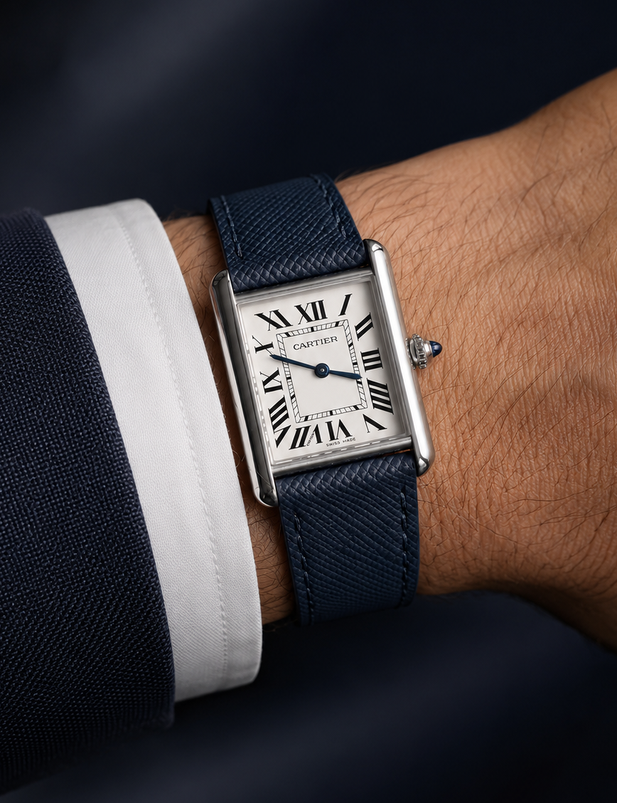 Bracelet montre en cuir véritable bleu marine finition Saffiano porté sur une montre rectangulaire élégante.