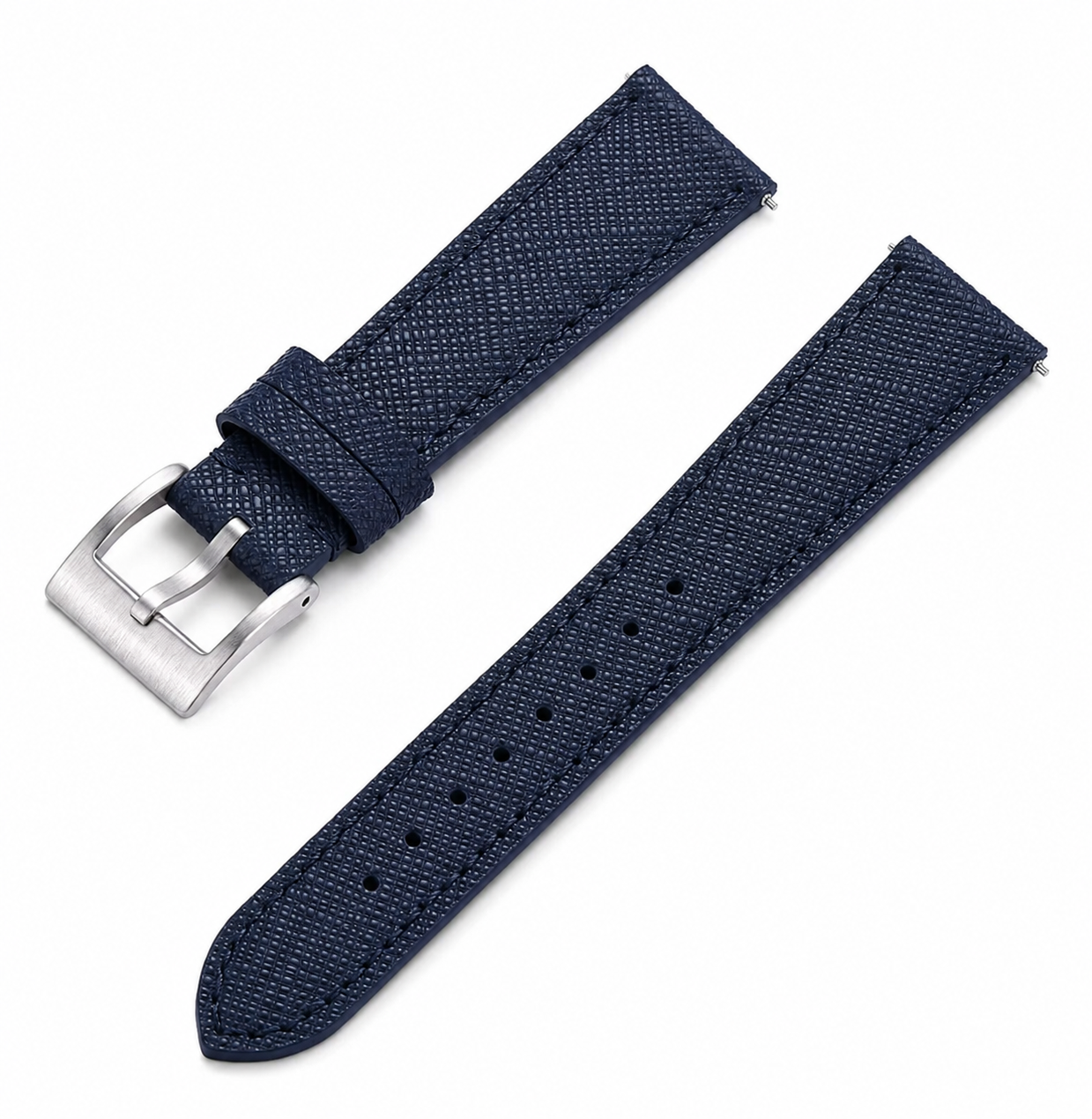 Bracelet montre en cuir véritable bleu marine finition Saffiano avec boucle ardillon en acier inoxydable et système de dégagement rapide.