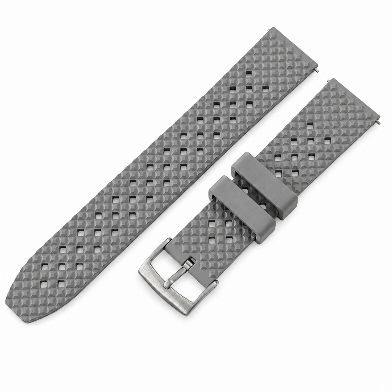 Bracelet de montre gris en caoutchouc FKM Tropical Croco Grid avec boucle en acier inoxydable et pompe à dégagement rapide.
