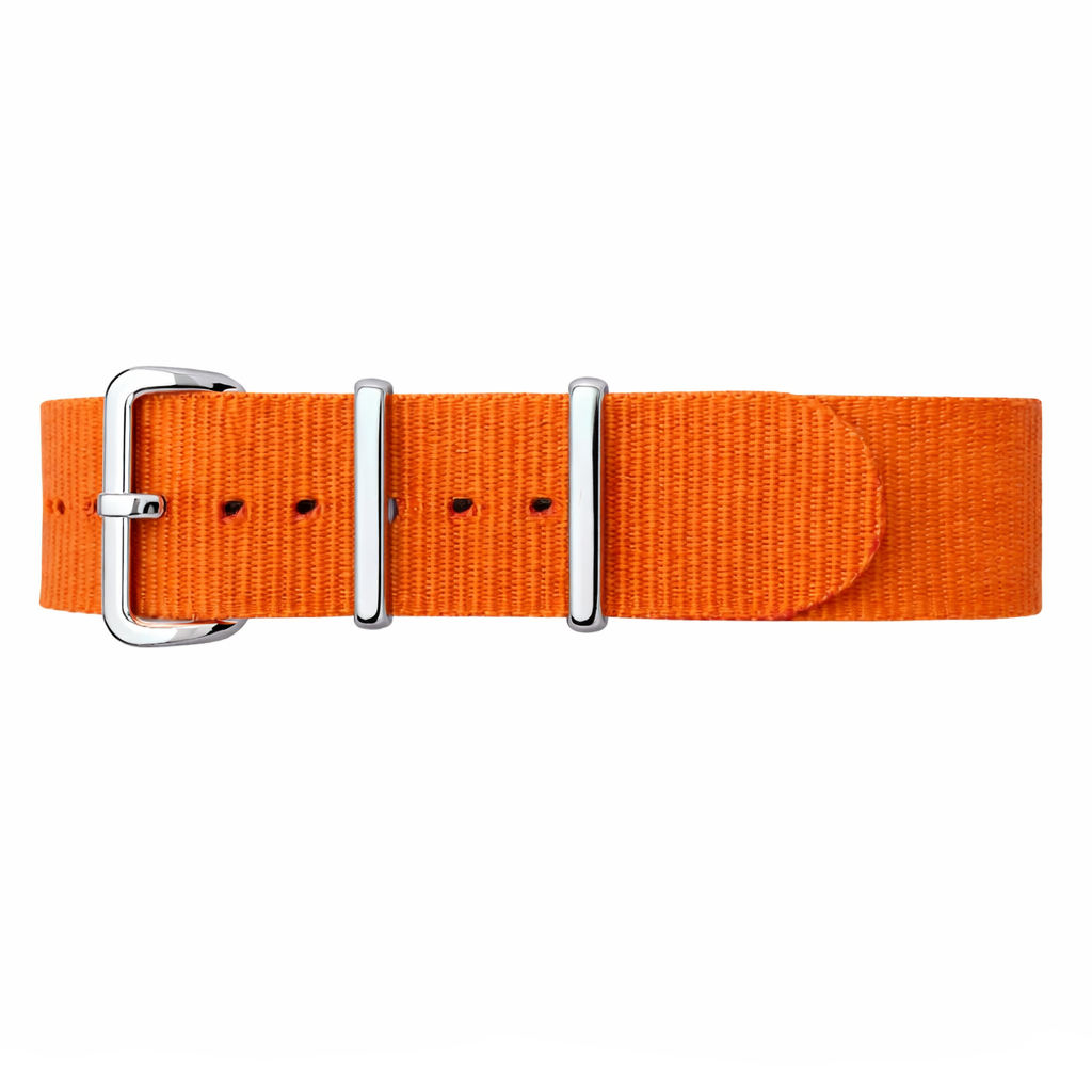 Bracelet montre NATO nylon orange avec boucle argent polie