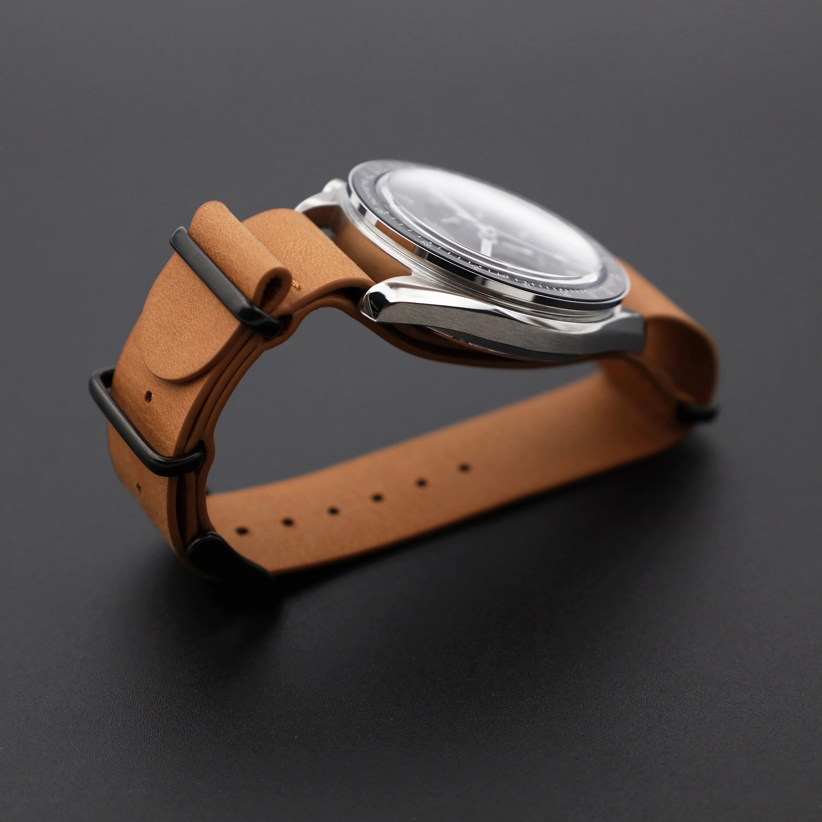Premium Light Brown Genuine Leather NATO Strap with Black Buckle