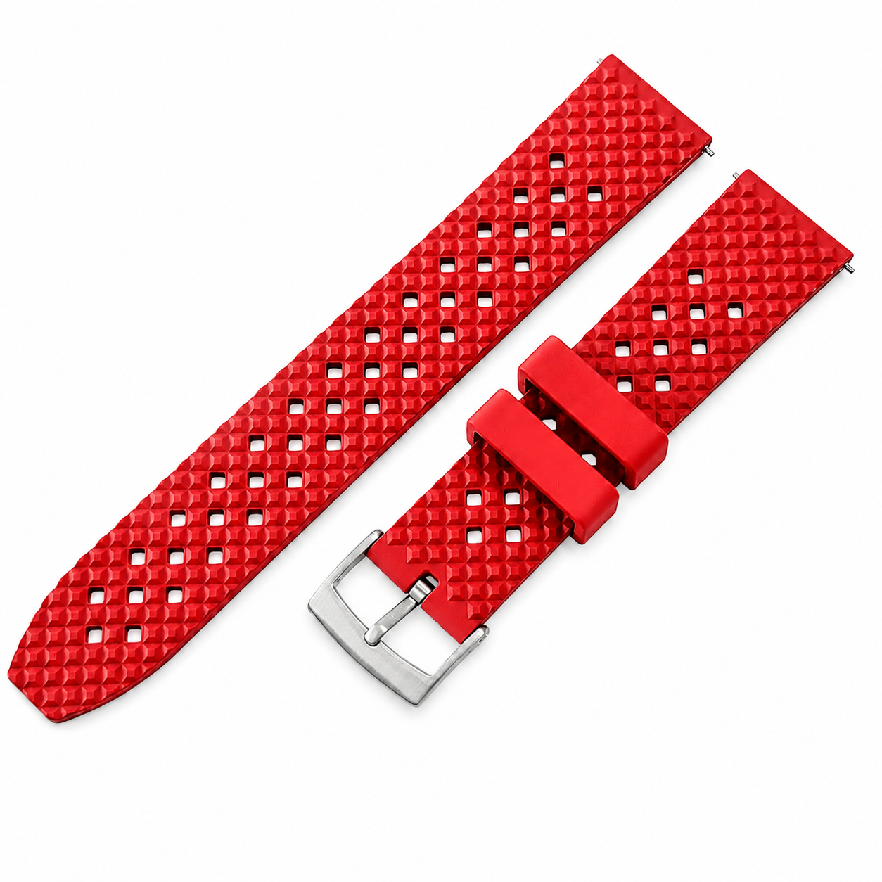 Bracelet de montre rouge en caoutchouc FKM Tropical Croco Grid avec boucle en acier inoxydable et pompe à dégagement rapide.