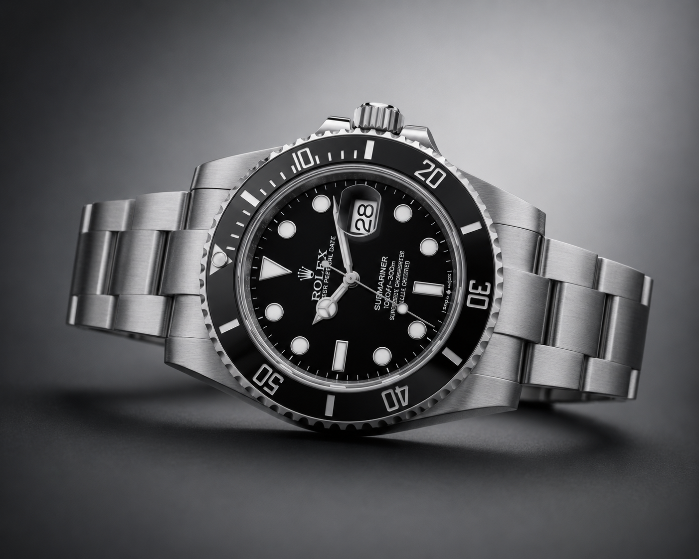 Rolex Submariner 116610 avec bracelet Oyster entièrement brossé sur fond sombre dégradé gris.