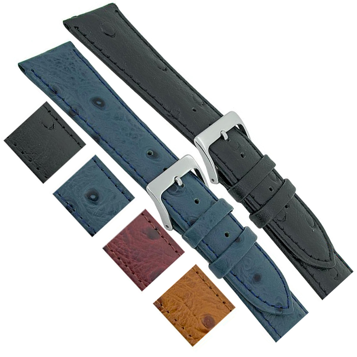 12mm à 20mm Autruche - Cuir Bovin - Bracelet de Montre - Boucle Argent - Rembourrage 3,6 mm