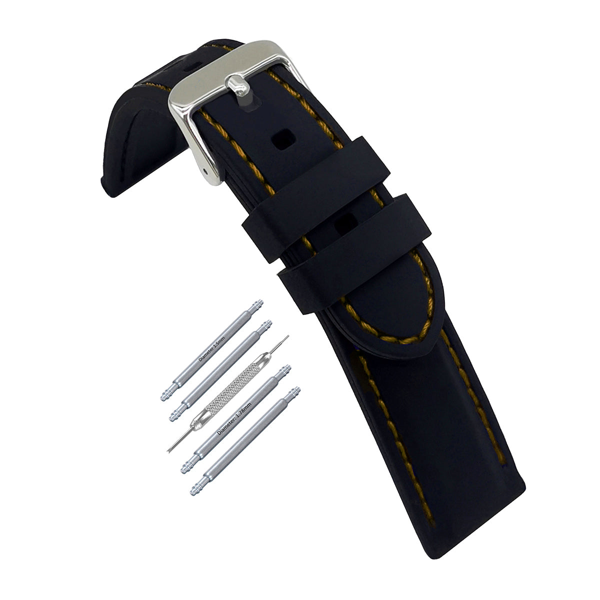 Premium Silicone Black / with Yellow Stitching / Silver Buckle - Men's Watch Strap - Thickness 5.8mm