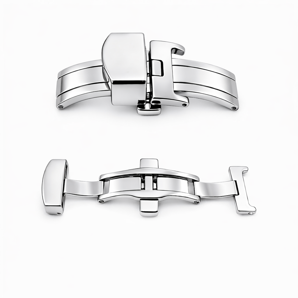 Boucle Déployante Bracelet Montre - Fermoir Papillon Boutons Étroits - Poli Miroir Argent - 1 Pc