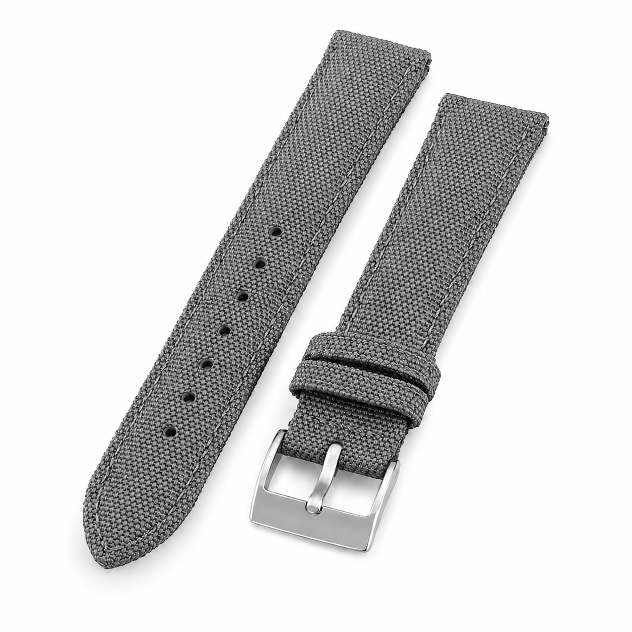 Graues Segelstoff-Uhrenarmband mit Schnellwechselsystem und Edelstahlschließe.