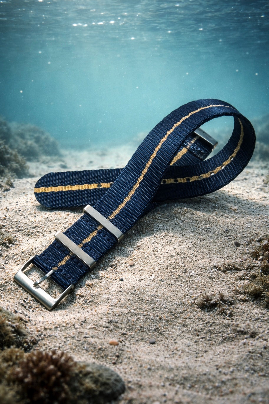 Bracelet de Montre Nato Nylon Bleu Marine / Khaki (Sable) - 1 Bande