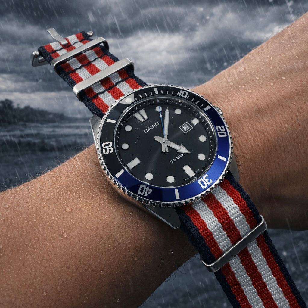 Bracelet Montre Nato Nylon Bleu/Blanc/Rouge - Boucle Acier Brossé - Homme