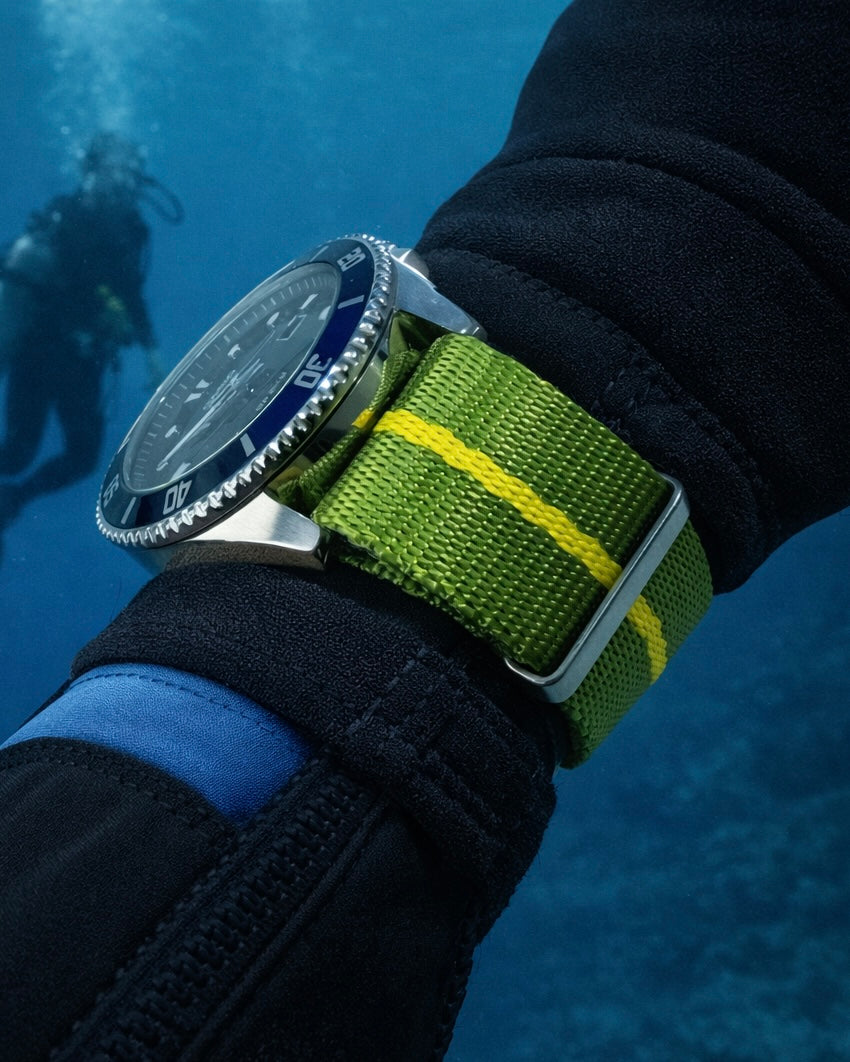 Bracelet Montre NATO Nylon Vert/Jaune - Boucle Acier Brossé – Homme
