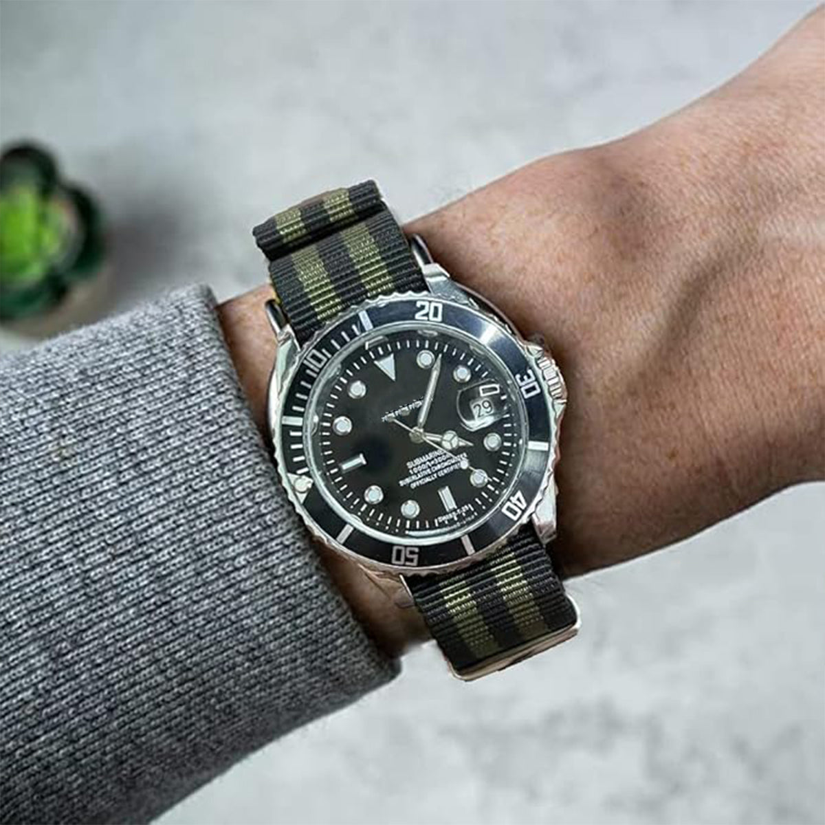Bracelet de montre Nato Noir Vert - 2 Bandes Vertes Khaki