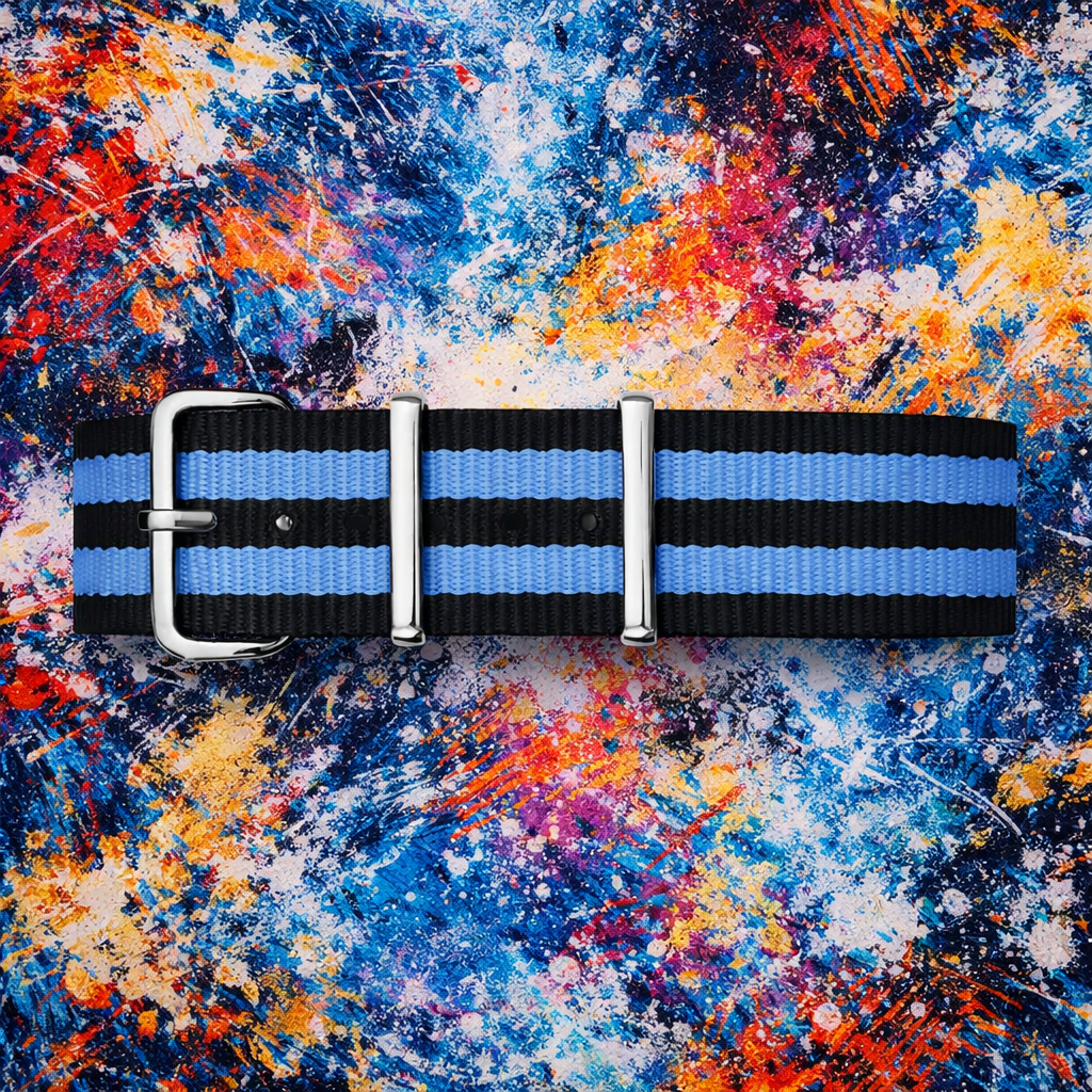 Schwarzes NATO-Uhrenarmband / 2 hellblaue Armbänder