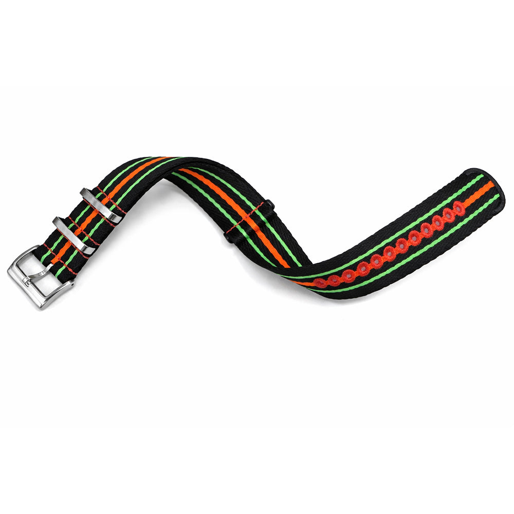 Bracelet de Montre Nato Noir Orange Vert Fluo - Nylon tressé 20mm 22mm