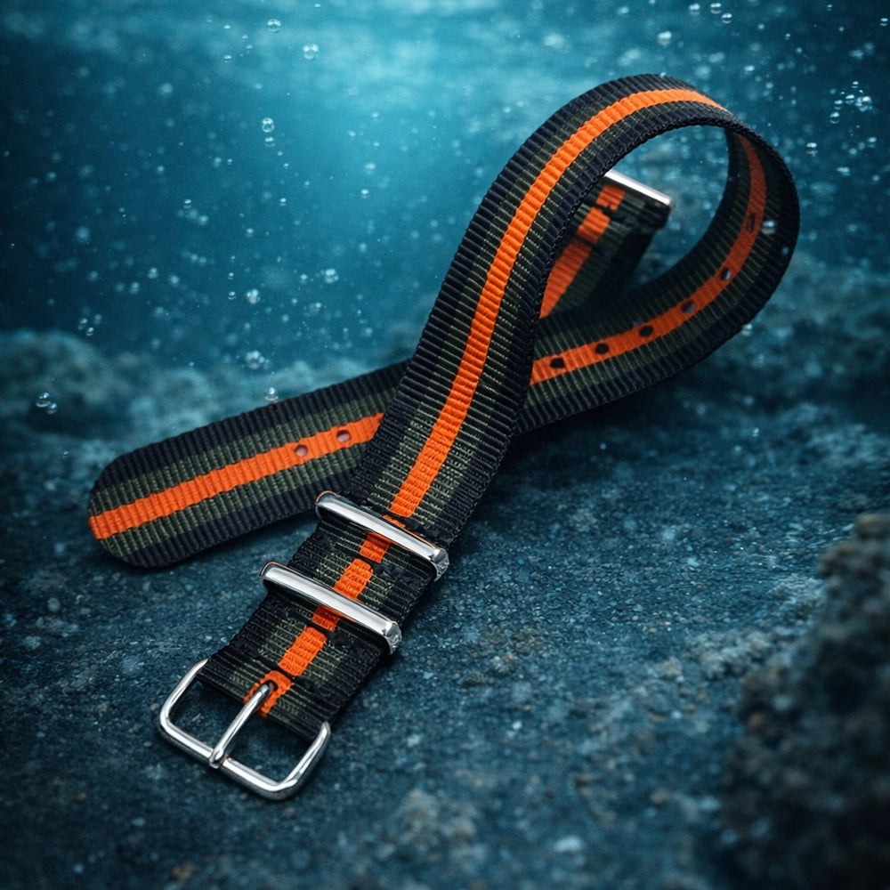 Bracelet de Montre NATO Nylon Noir / Gris Foncé / Orange