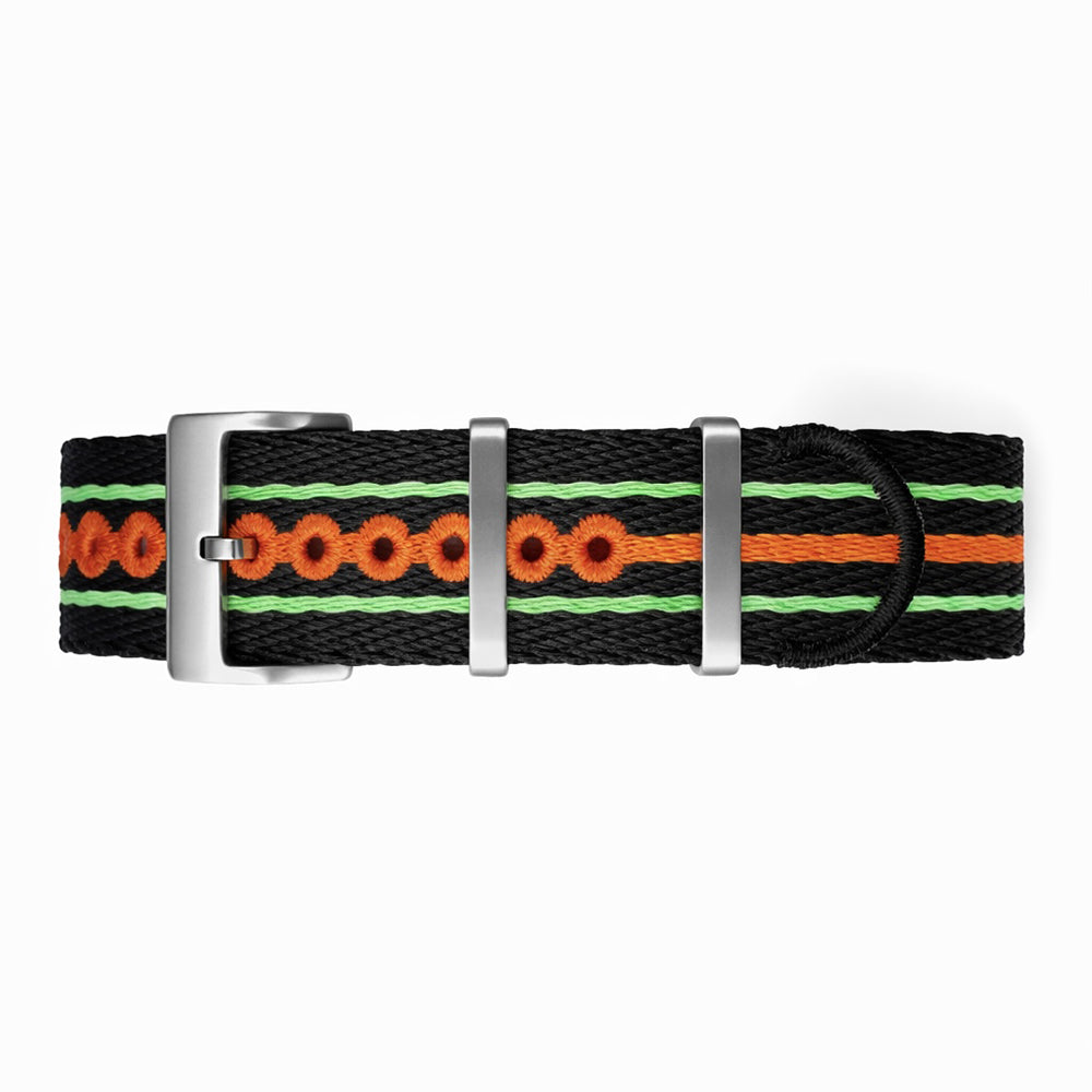 Bracelet de Montre Nato Noir Orange Vert Fluo - Nylon tressé 20mm 22mm