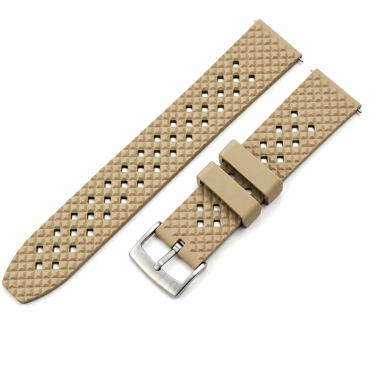 Khaki sand FKM rubber watch strap with Tropical Croco Grid pattern, stainless steel buckle and quick-release spring bars.