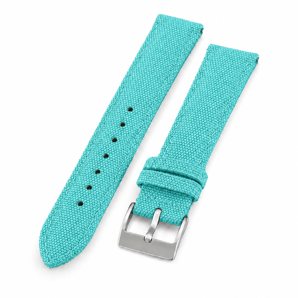 Turquoise sailcloth watch strap with durable nylon fabric and quick-release mechanism.