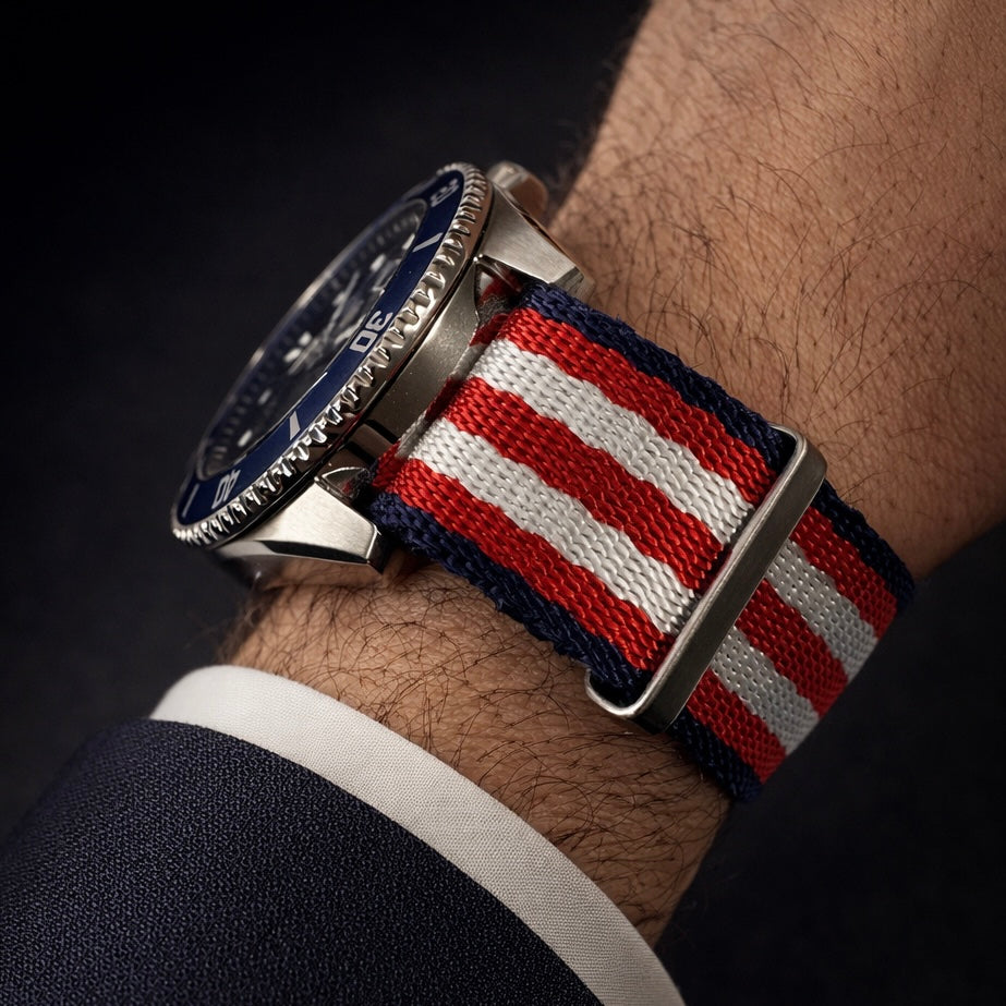 Bracelet Montre Nato Nylon Bleu/Blanc/Rouge - Boucle Acier Brossé - Homme