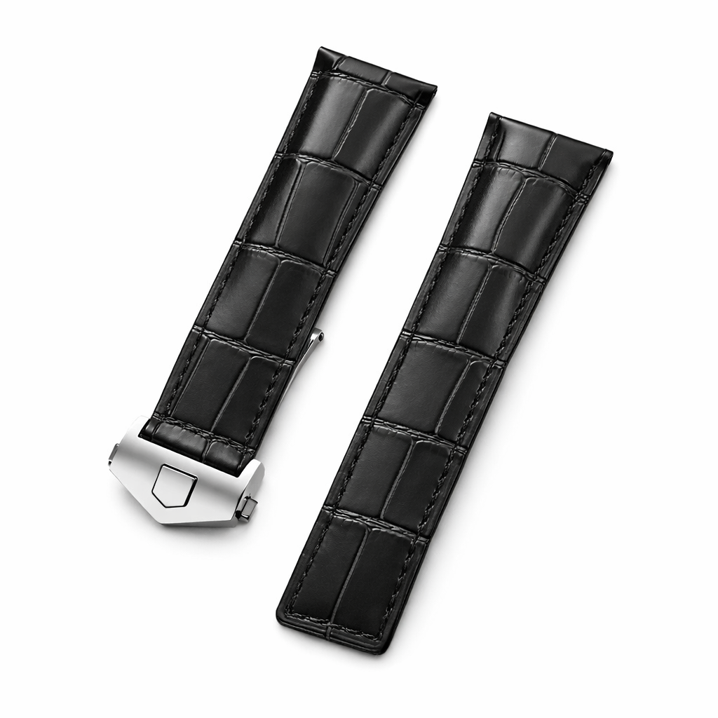 Alligator-Style Leather Watch Strap - Black - Deployment Buckle - Universal