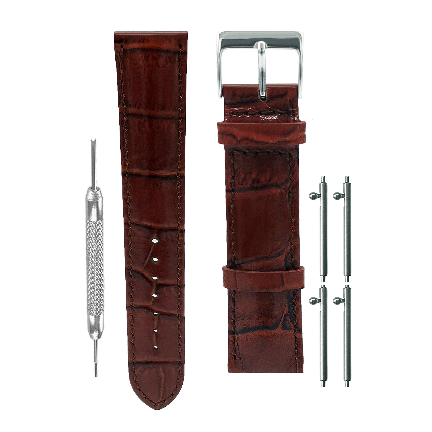 18mm à 24mm Cuir Italien de Veau, Bracelets de montre Libération Rapide, Grain de Crocodile - Haute Brillance - Marron