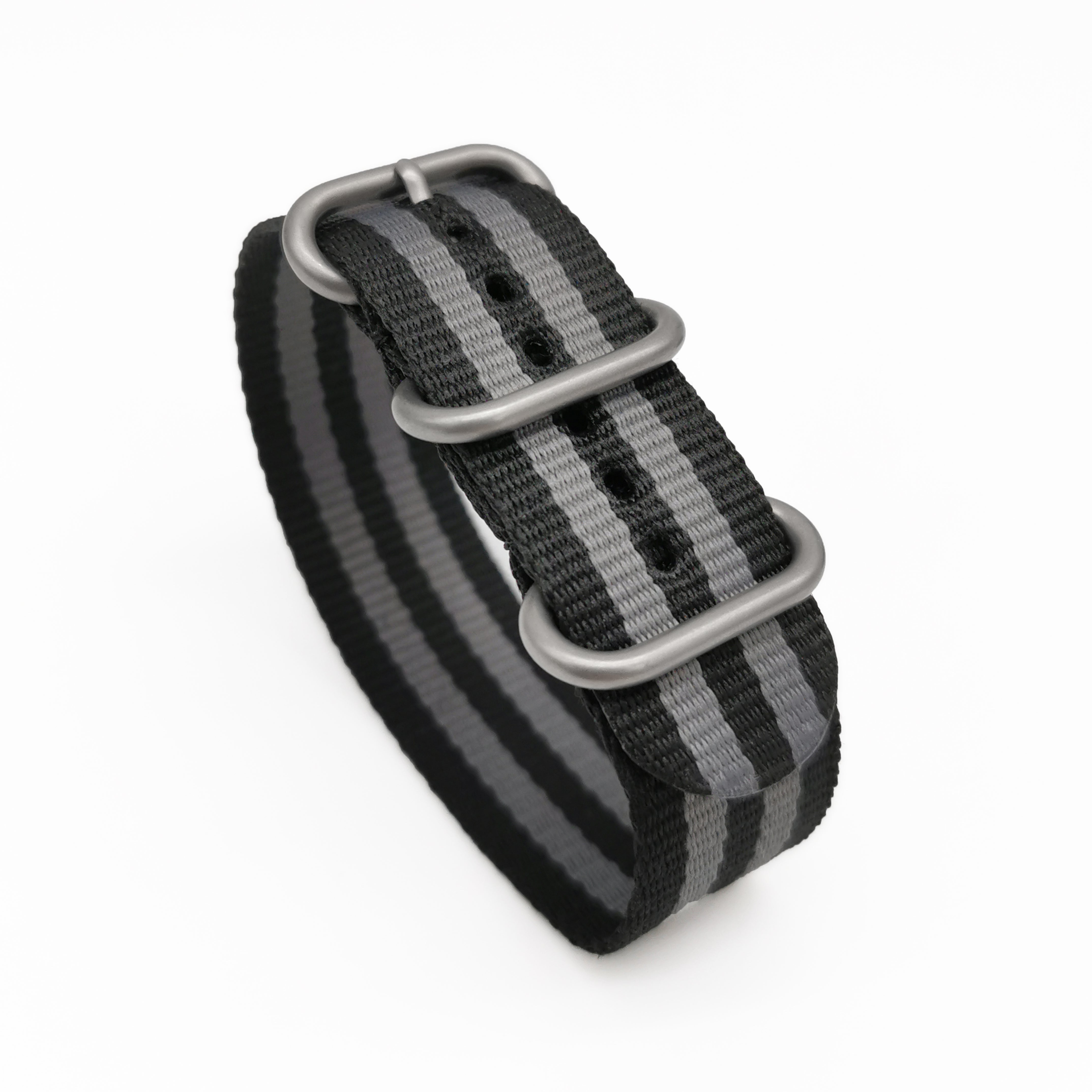 ZULU Nato Nylon Uhrenarmband Grau / Schwarz / Satin Schnalle - Spezial - Dünn