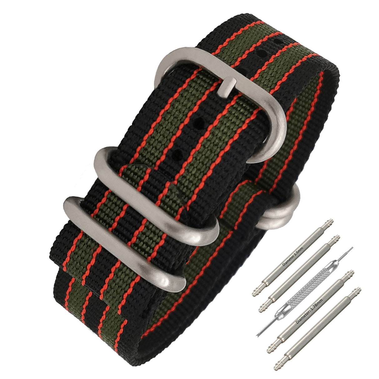 Bracelet Montre ZULU- James Bond Noir-Rouge-Vert - Boucle Satin - Homme - Raide et épais 2mm