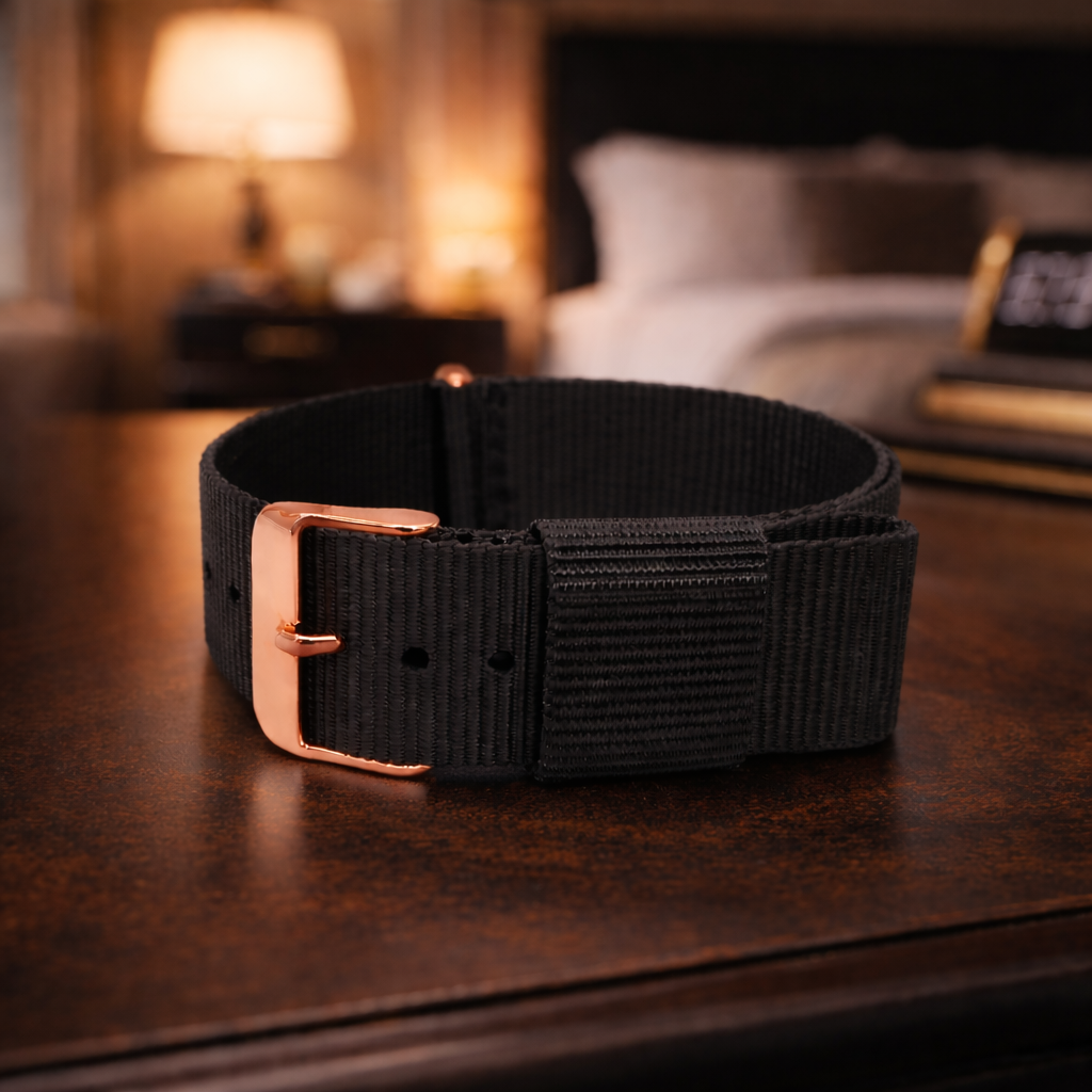 Schwarzes NATO-Uhrenarmband aus Nylon / Roségoldene Schnalle