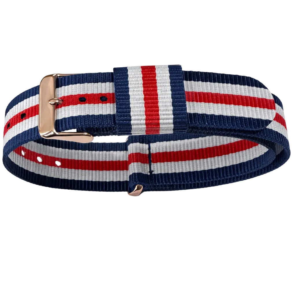 Bracelet de Montre NATO Nylon Bleu-Blanc-Rouge Canterbury - Boucle Doré Or Rose