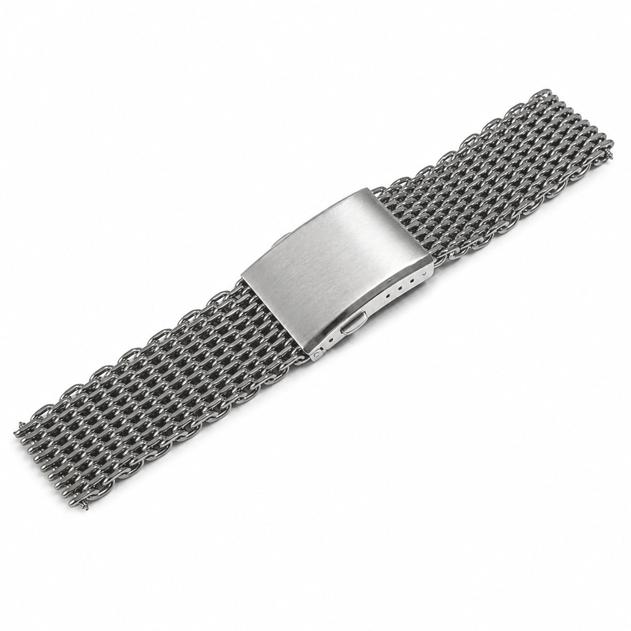 304 stainless steel shark mesh watch bracelet with deployant clasp, displayed on a white background.