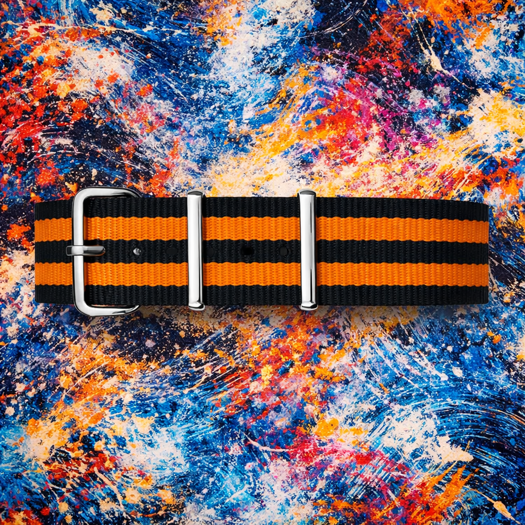 Schwarzes NATO-Uhrenarmband / 2 orangefarbene Armbänder