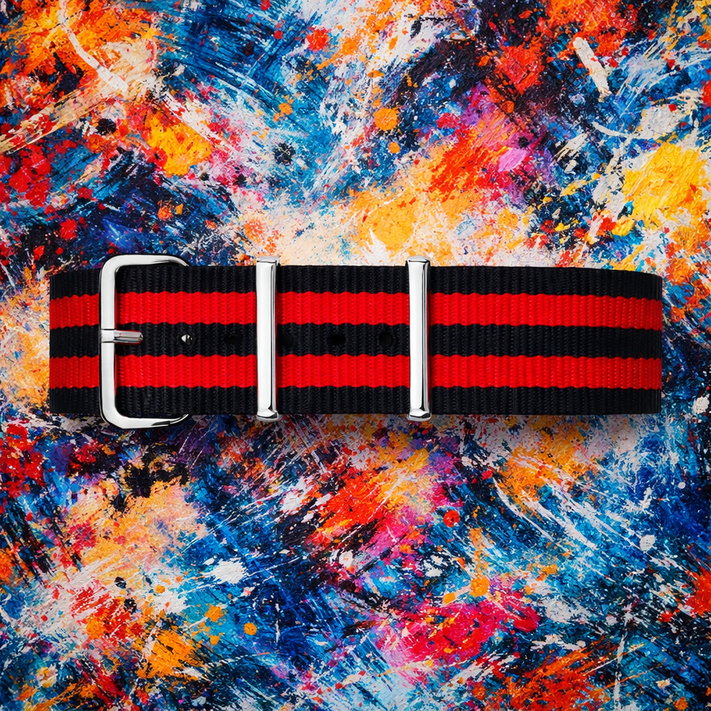 Schwarzes NATO-Uhrenarmband / 2 rote Armbänder