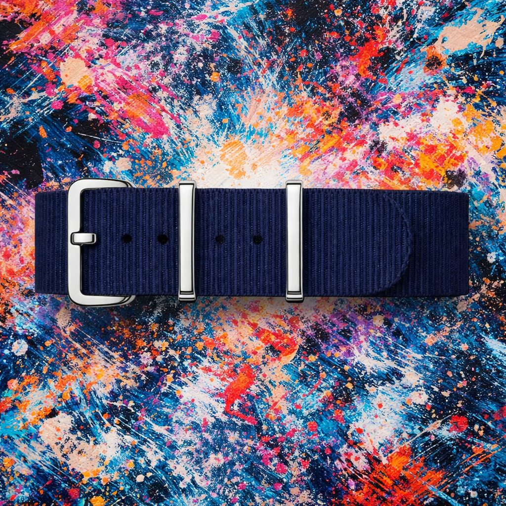 Dunkelblaues NATO-Uhrenarmband / Silberne Schließe mit Spiegelglanz