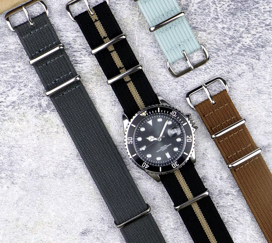 Bracelet de Montre Compatible Citizen NATO Noir / Khaki – Hybride Nylon & Silicone – Boucle Polie