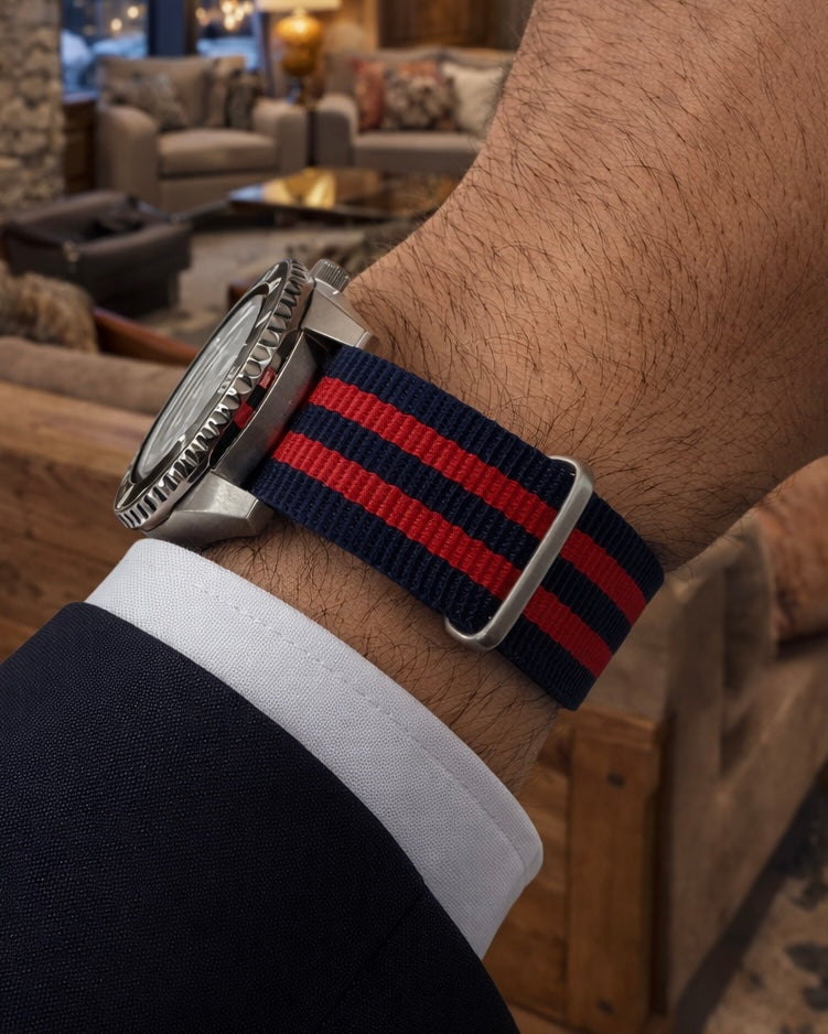 Bracelet de Montre Nato Nylon Bleu Marine / Rouge - Premium