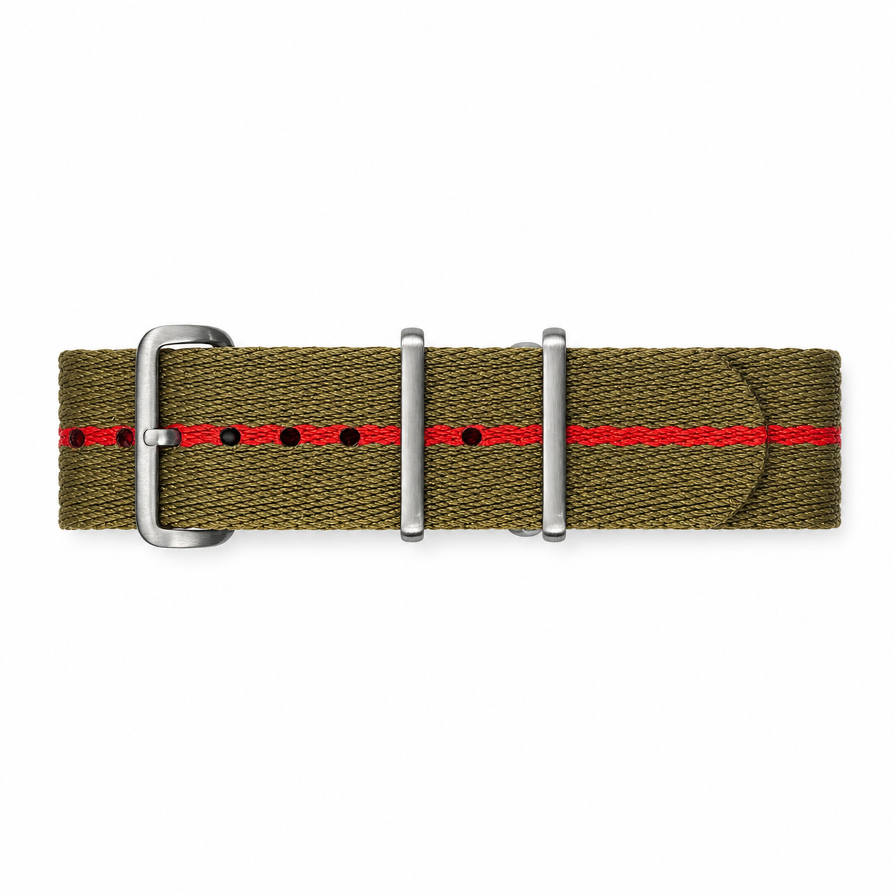 Bracelet Nato Khaki Vert / Bande Rouge - Nylon Souple Tressé 1,5mm