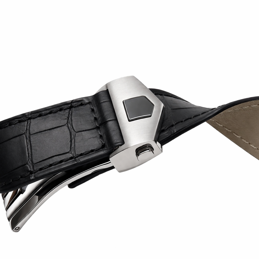 Bracelet Montre Cuir façon Alligator - Noir - Boucle Déployante - Universel