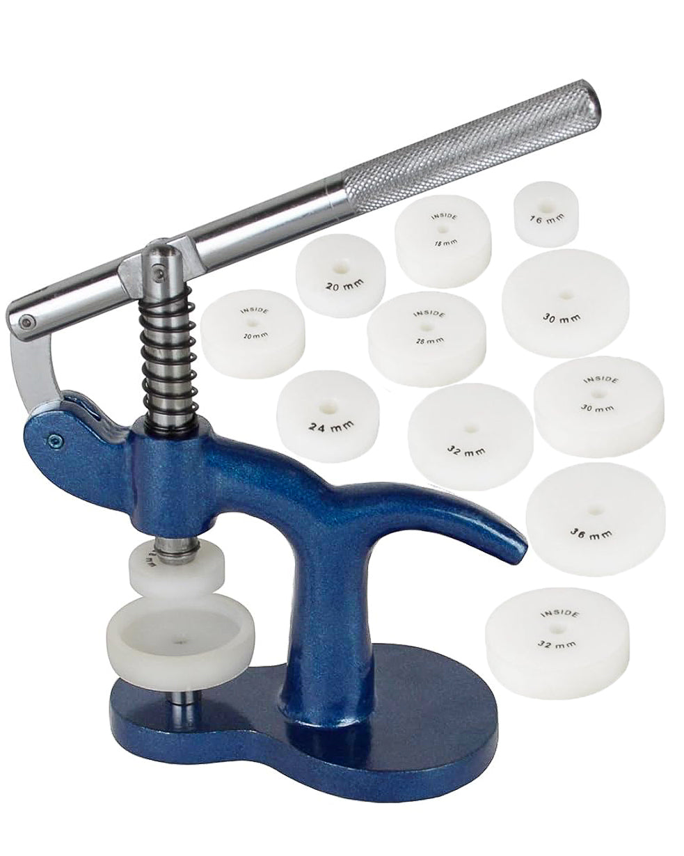 <transcy>Swiss Style Watch Glass Stem Kit (Press) with 12 Very Soft Nylon Dies for mounting flat mineral glasses and backs (Case back) of quartz watches</transcy>
